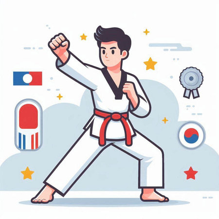 Taekwondo boy. Vector illustration in flat cartoon style.のイラスト素材