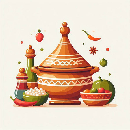Mexican vase with fruits and vegetables. Vector illustration in flat styleのイラスト素材