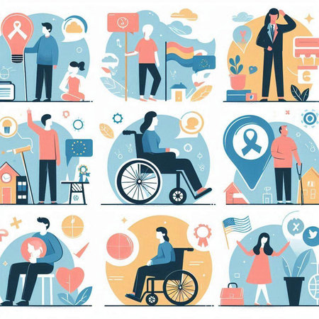 Set of vector flat design illustrations of people in wheelchair and speech bubbles. Concepts for web banners and printed materials.のイラスト素材