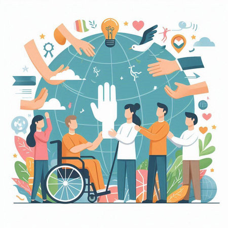 Disabled people concept. Vector illustration in flat cartoon style. Handicapped man in wheelchair, group of people, social network iconsのイラスト素材
