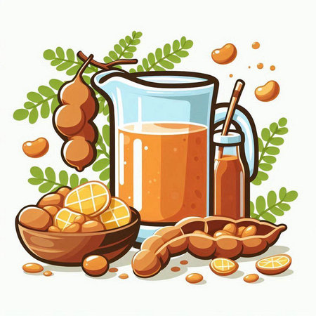 Tamarind juice in a glass and ingredients. Vector illustration.のイラスト素材