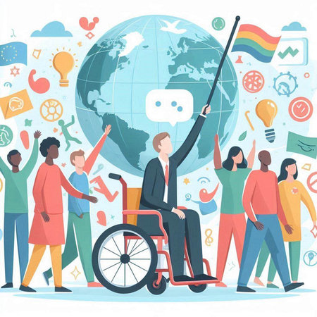 Handicapped man in wheelchair and group of people with disabilities. Cartoon vector illustration.のイラスト素材