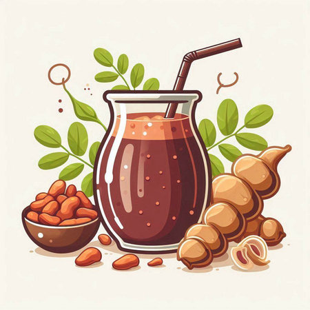 Vector illustration of tamarind juice in a glass and fresh tamarind fruits.のイラスト素材