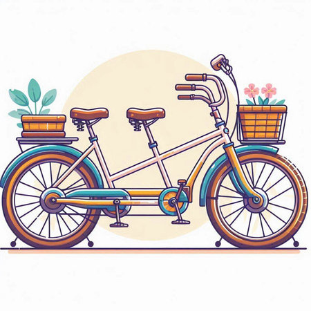 Retro bicycle with basket of flowers. Hand drawn vector illustration.のイラスト素材