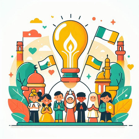 Muslim people with lightbulb in the city. Vector illustration.のイラスト素材
