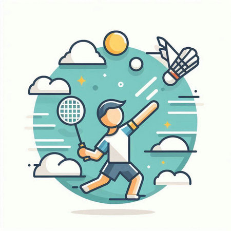 Badminton flat line icon set. Badminton player with racket, shuttlecock and shuttlecock. Vector illustrationのイラスト素材