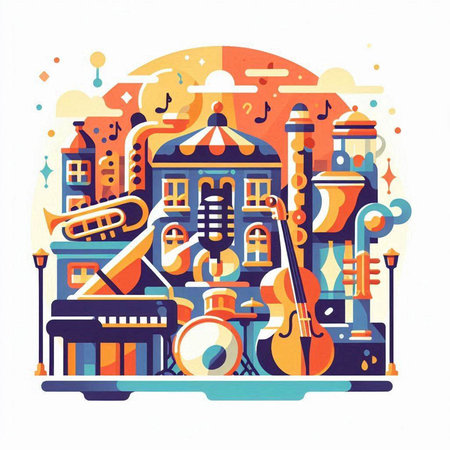 Vector illustration of music festival in flat style. Musical instruments, concert hall, concert hall, concert hall.のイラスト素材