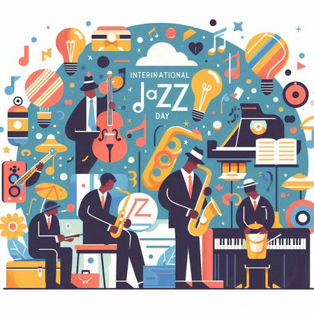 International Jazz Day. Vector illustration. Flat design style with music instruments.のイラスト素材