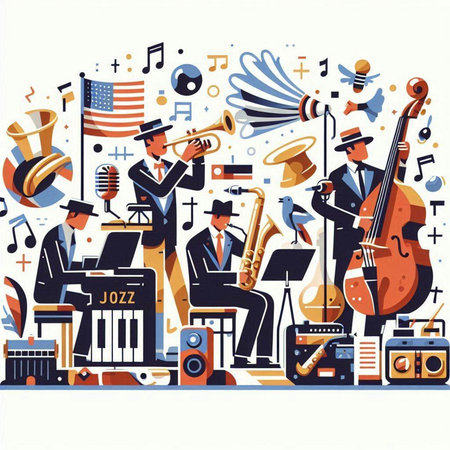 Musical instruments and musicians. Flat style vector illustration. Music background.のイラスト素材