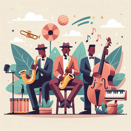 Jazz band with instruments. Vector illustration in flat cartoon style.のイラスト素材