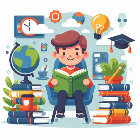 Boy reading a book. Education concept. Vector illustration in cartoon styleのイラスト素材