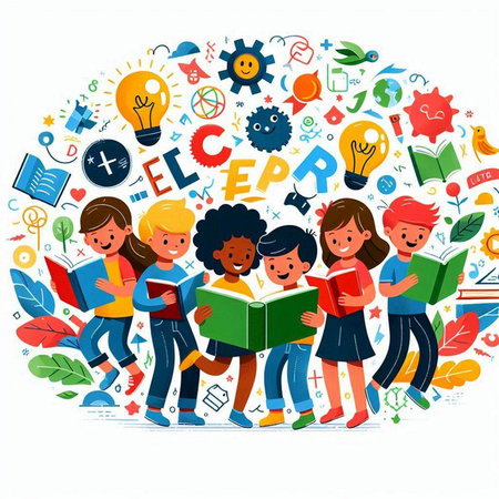 Vector illustration of children reading books. Education concept. Back to school.のイラスト素材