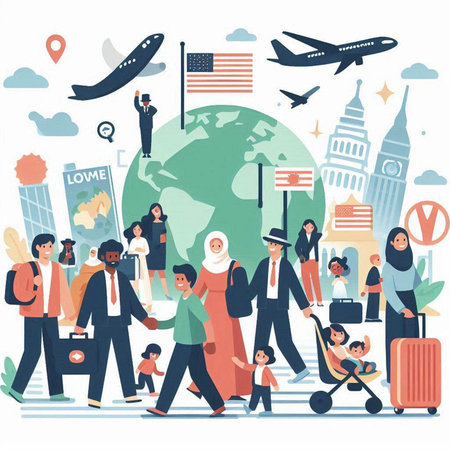People traveling around the world. United States of America. Vector illustrationのイラスト素材
