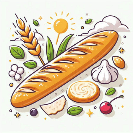 Bread vector illustration. Baguette and ingredients for baking.のイラスト素材
