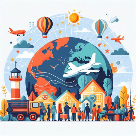 Traveling around the world concept. Vector illustration in flat style.のイラスト素材