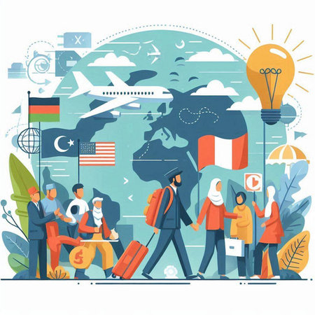 Travel and tourism concept in flat style. People with suitcases and flags. Vector illustration.のイラスト素材