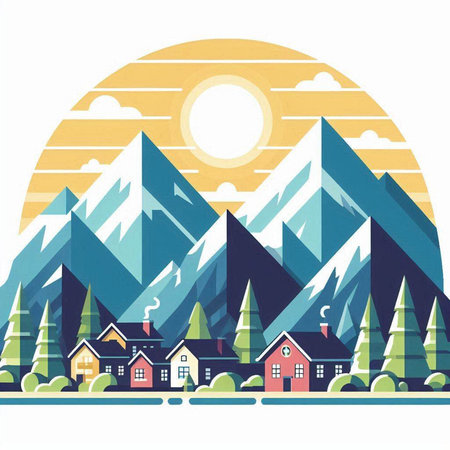 Landscape with mountains, houses and the sun. Vector illustration.のイラスト素材