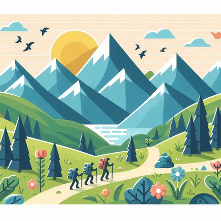 Mountains and forest landscape. Vector illustration in flat cartoon style.のイラスト素材