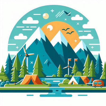 Camping and travel vector illustration in flat style with mountains, forest and river.のイラスト素材