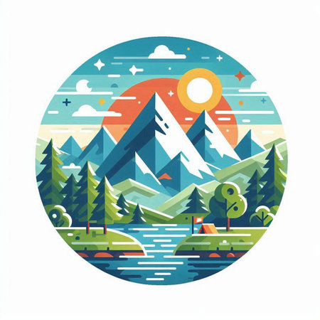 Landscape with mountains, trees and lake. Vector illustration in flat style.のイラスト素材