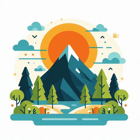 Landscape with mountains and river in flat style. Vector illustration.のイラスト素材