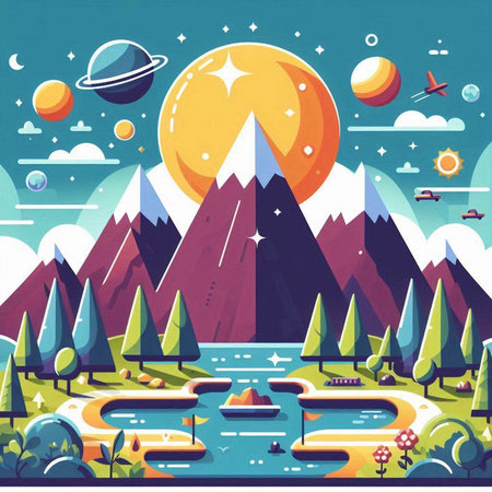 Cartoon landscape with mountains and river. Vector illustration in flat styleのイラスト素材