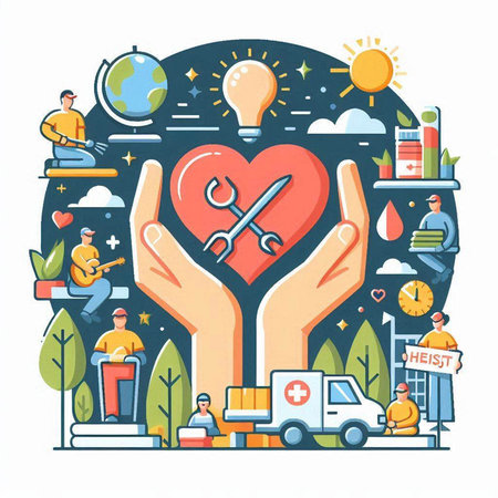 Hand holding a red heart on the background of different icons. Flat vector illustrationのイラスト素材