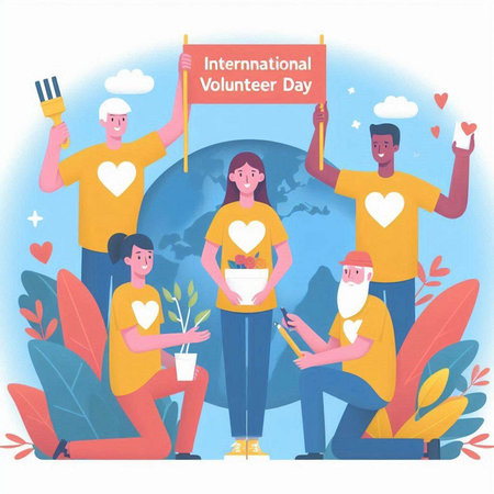 World Environment Day concept. Vector flat cartoon illustration of people standing together and holding a banner with the textのイラスト素材