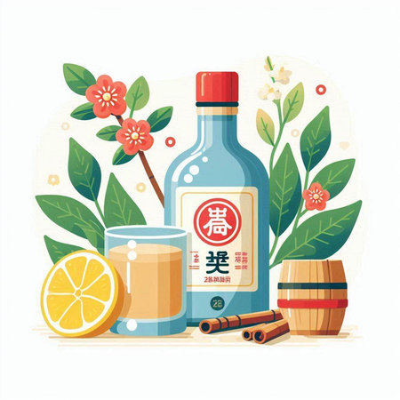 Vector illustration of a bottle of tequila with a glass of orange juice and a wooden barrel.のイラスト素材
