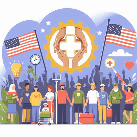 Flat vector illustration of group of people with medical face mask and health care symbol.のイラスト素材