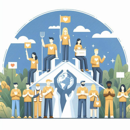 Vector illustration of a group of people protesting on the roof of the house.のイラスト素材
