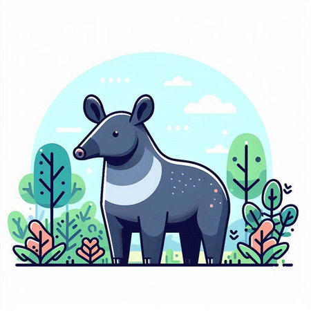Vector illustration of cute cartoon tapir in the park. Flat style design.のイラスト素材