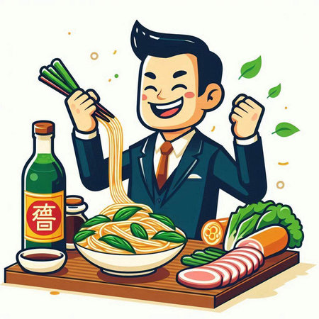 Businessman eating noodle and holding chopsticks. Vector illustration.のイラスト素材