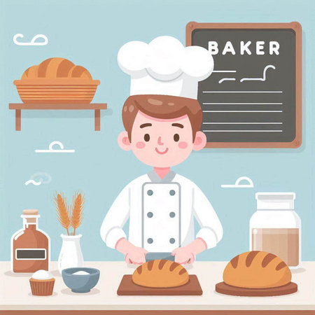 Baker in the bakery. Vector illustration of a cartoon character.のイラスト素材