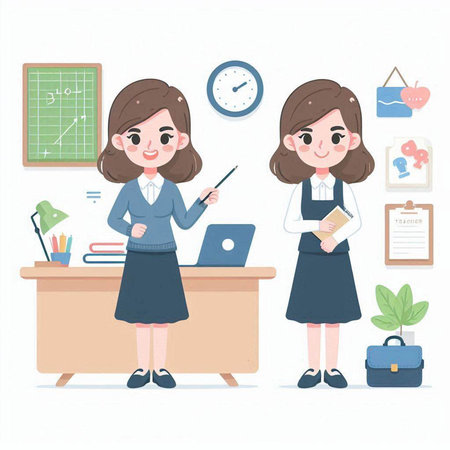 Teacher and student in classroom. Vector illustration in cartoon style.のイラスト素材