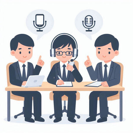 Businessman working with microphone in the conference room. Vector illustration.のイラスト素材
