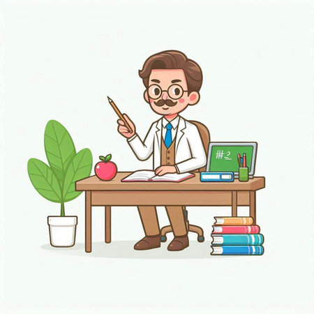Teacher at desk with books and apple. Vector illustration in cartoon style.のイラスト素材