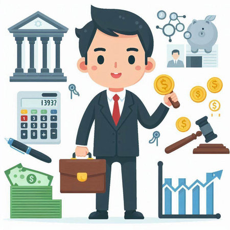 Businessman with briefcase, money, calculator, coins and bank building.のイラスト素材