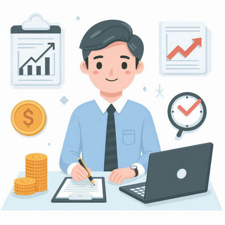 Businessman working at office with laptop. Flat style vector illustration.のイラスト素材