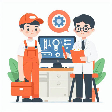 Technical support. Mechanic and technician. Vector illustration in a flat style.のイラスト素材