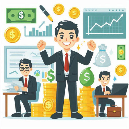 Successful businessman with money in hand. Vector illustration in cartoon styleのイラスト素材