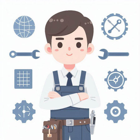 Illustration of a man in work clothes with a set of toolsのイラスト素材