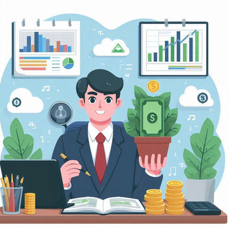 Businessman working at the office. Vector illustration in cartoon style.のイラスト素材