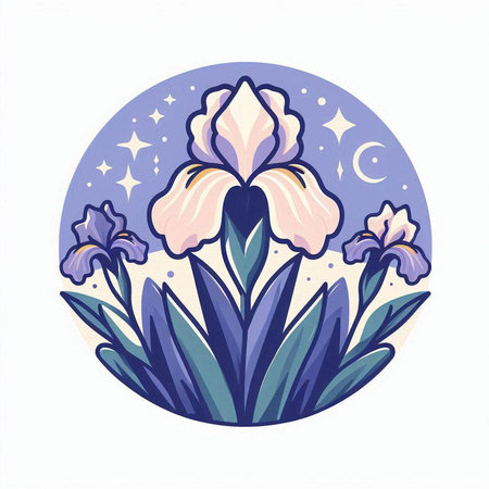 Illustration of iris flower in circle with moon and stars.のイラスト素材