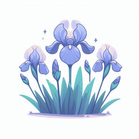 Blue iris flowers on a white background. Vector illustration in a flat style.のイラスト素材
