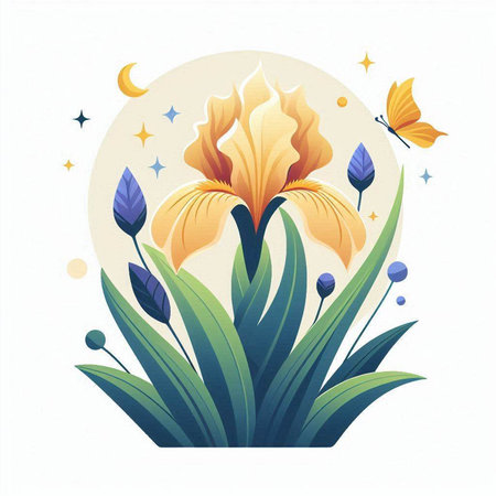 Illustration of iris flower with moon and butterflies on white backgroundのイラスト素材