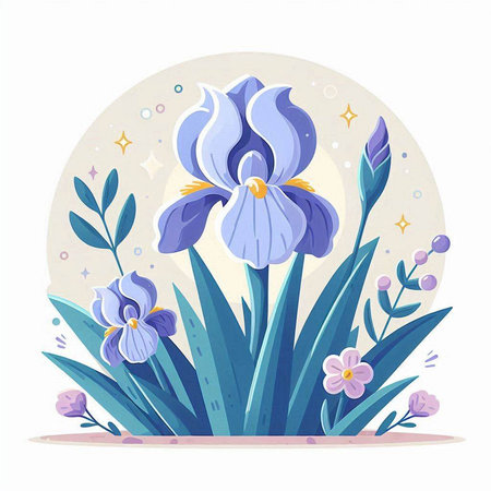 Vector illustration of blue iris flowers in the circle on the white background.のイラスト素材