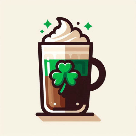 Irish coffee with whipped cream and clover leaf, vector illustration.のイラスト素材