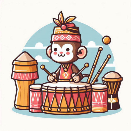 Cute cartoon monkey playing drums and drumsticks. Vector illustration.のイラスト素材
