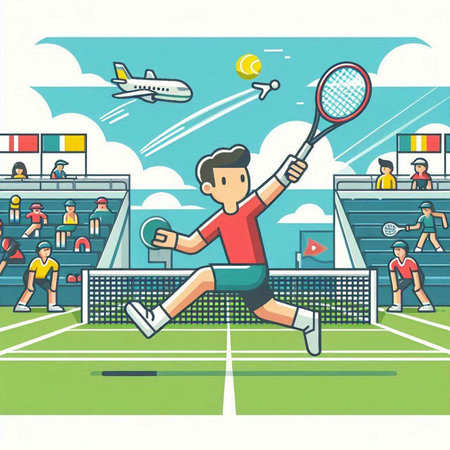 Tennis player on the tennis court. Vector illustration in cartoon styleのイラスト素材